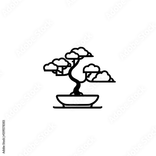 Bonsai tree in pot black silhouette, Minimalist black and white vector silhouette of a bonsai tree in a pot, symbolizing peace, nature, and balance.

