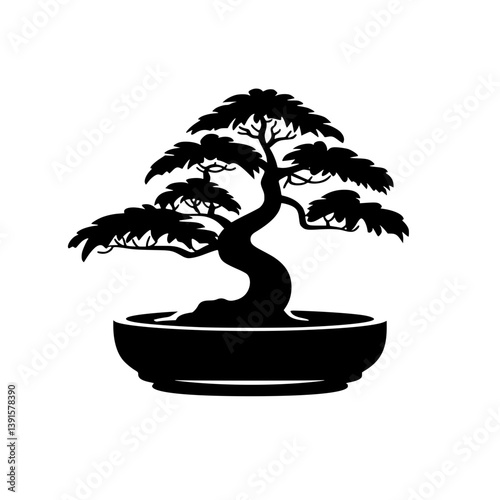 Bonsai tree in pot black silhouette, Minimalist black and white vector silhouette of a bonsai tree in a pot, symbolizing peace, nature, and balance.

