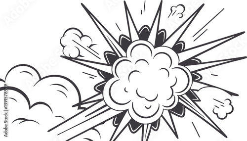 Comic Book Style Explosion, Black and White, Dynamic Action, Blast, Smoke, Power, Energy, Impact, Gr