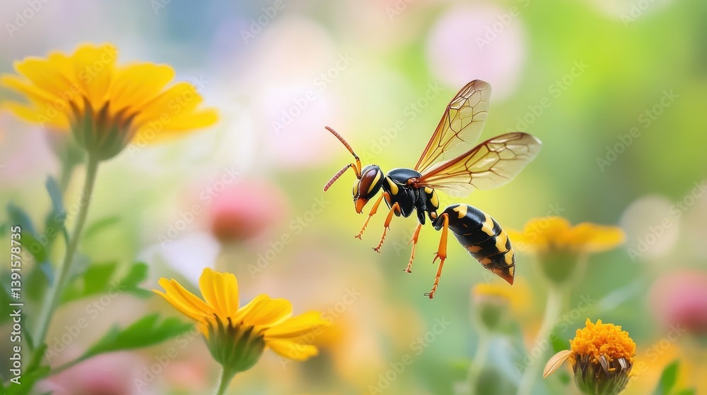 A wasp flying near colorful yellow and pink flowers in nature A wasp flying near colorful yellow and pink flowers in nature