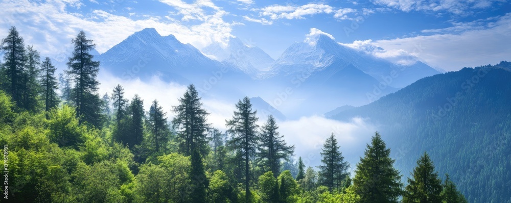 Naklejka premium Forest vista with towering mountains under blue sky on a foggy day