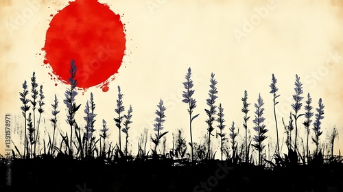 Silhouette of flowers against a red sun.