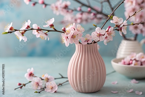 pink cherry blossom in a vase on wooden table