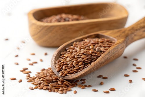 flax seeds in a wooden spoon on white background