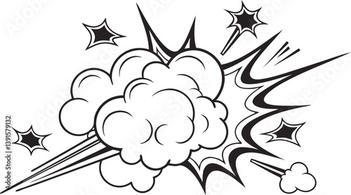 Comic Book Style Explosion, Black and White, Dynamic Burst, Smoke Puffs, Starbursts