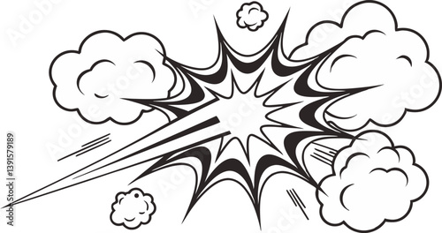 Comic Book Explosion Dynamic Action, Black and White, Speed Lines, Smoke Clouds