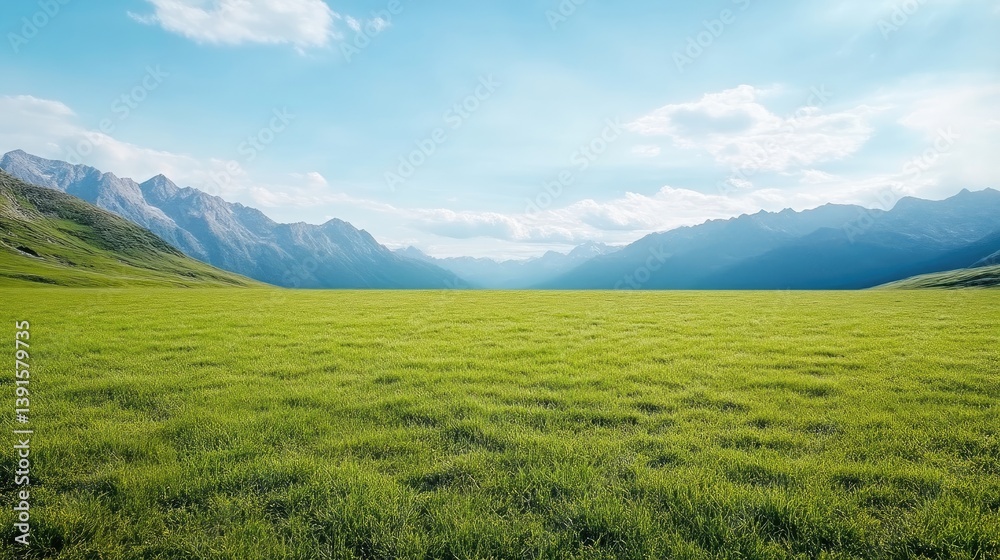 Expansive meadow stretches between towering mountains under a vibrant blue sky. Lush green grass fills the foreground, leading to a vista of majestic peaks Expansive meadow stretches between towering mountains under a vibrant blue sky. Lush green grass fills the foreground, leading to a vista of majestic peaks