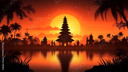 Silhouette of temple at sunset reflecting in water.