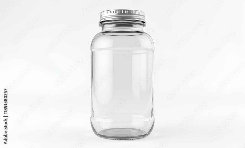 Glass jar with a metallic lid, suitable for storing various items on white background. Glass jar with a metallic lid, suitable for storing various items on white background.