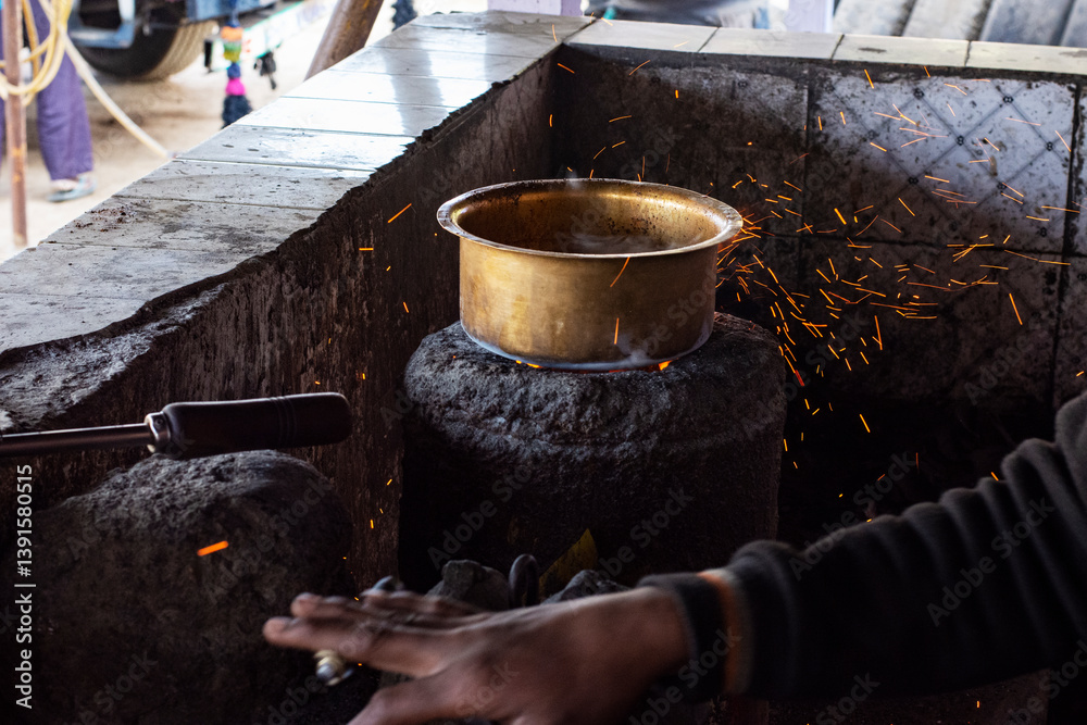 Traditional Tea Making on Clay Oven at Roadside Dhaba Near Bhuj in Rann of Kutch
