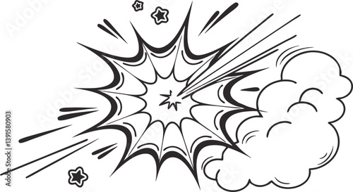 Comic Book Explosion, Dynamic Burst, Action Graphic, Black and White Illustration