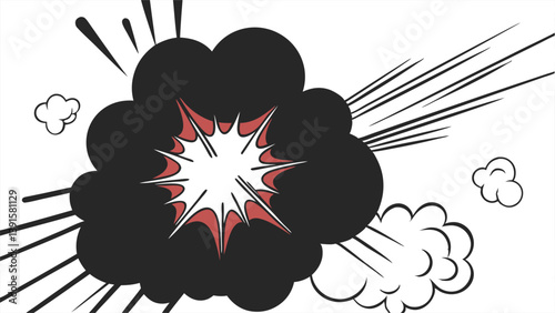 Comic Book Explosion Black Smoke, White Flash, Dynamic Action