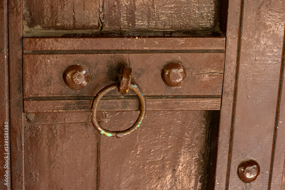 Traditional Wooden Door of Bhunga Hut with Decorative Artwork in Rann of Kutch