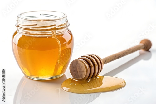 jar of honey with wooden dipper isolated on white