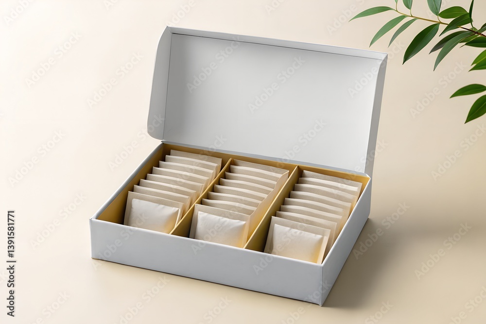 Open white tea box mockup Realistic template for packaging design and branding of tea collections or small items.