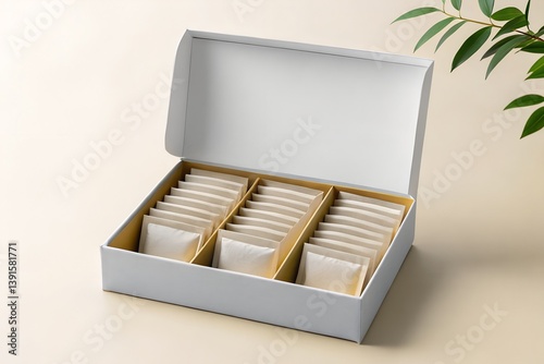 Obraz na płótnie Open white tea box mockup Realistic template for packaging design and branding of tea collections or small items. w salonie