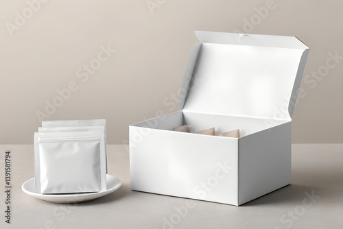 Blank white tea box paper packaging mockup standing upright with cup and cookie in background. Ideal for clean branding presentations and minimalist product designs.