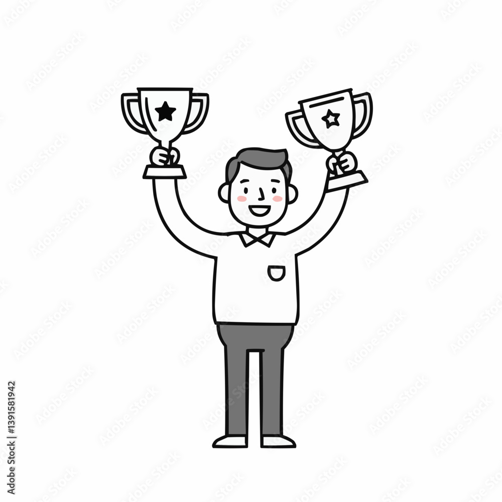 Cheerful man celebrating victory with two trophies in hand Cheerful man celebrating victory with two trophies in hand