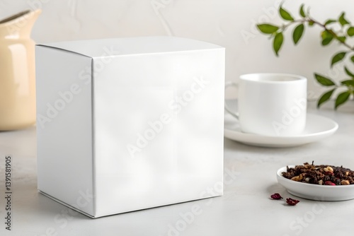 Blank white tea box paper packaging mockup standing upright with cup and cookie in background. Ideal for clean branding presentations and minimalist product designs.