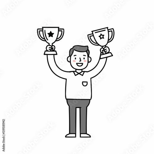 Cheerful man celebrating victory with two trophies in hand  