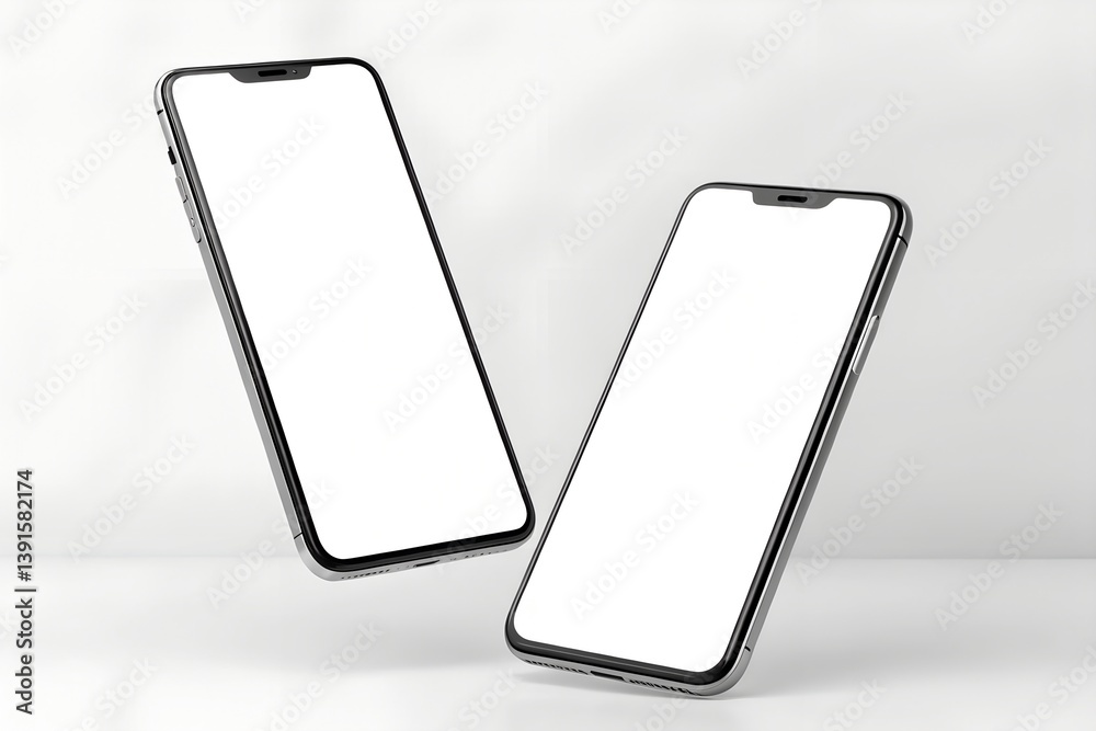 Minimalist mockup of two modern smartphones floating in mid-air with blank white screens. Ideal for mobile UI design, app showcases, or responsive website mockups.