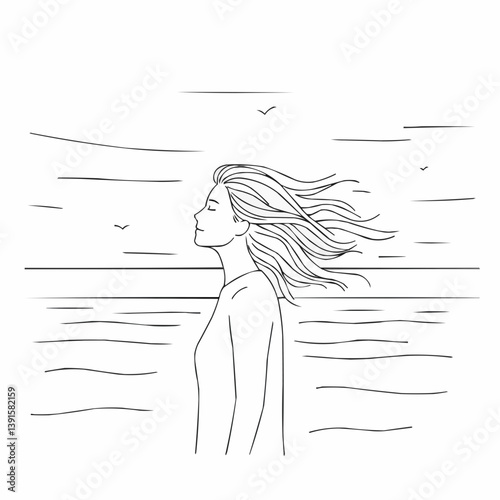 Woman enjoying freedom against ocean backdrop  