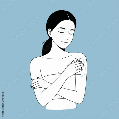 Woman applying lotion while smiling against a blue background  