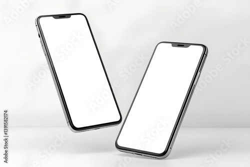 Obraz na płótnie Minimalist mockup of two modern smartphones floating in mid-air with blank white screens. Ideal for mobile UI design, app showcases, or responsive website mockups. w salonie