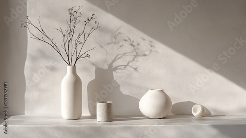 A serene arrangement of white vases and branches casting soft shadows, enhancing modern interior aesthetics with natural elegance.