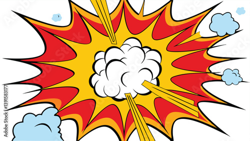 Comic Book Explosion, Red Yellow Burst, Smoke Cloud, Dynamic Impact