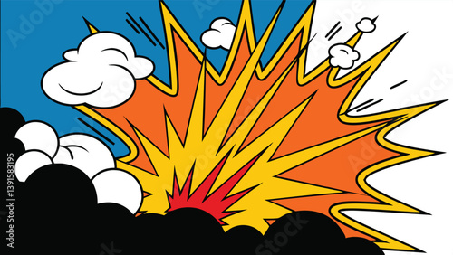 Comic Book Style Explosion, Bright Colors, Dynamic Action, Powerful Impact, Vibrant Art, Graphic Des