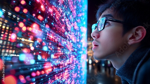 Wallpaper Mural Focused on digital data night city man views futuristic display Torontodigital.ca