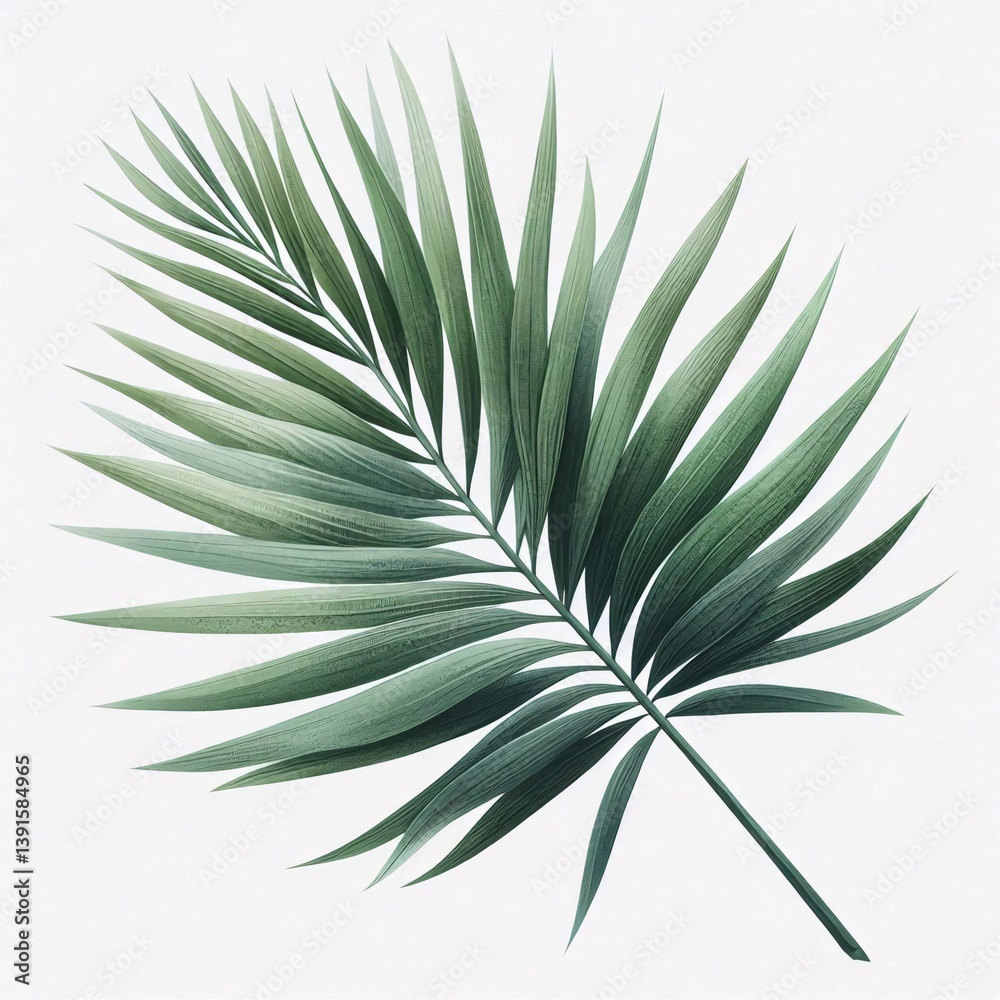 Fototapeta premium Watercolor illustration of a green palm leaf, isolated on a white background.