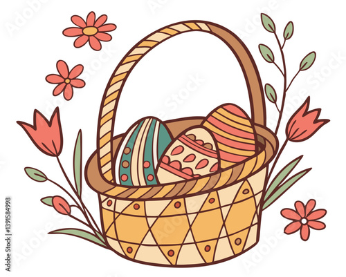 Vector of a traditional woven Easter basket filled with colorful eggs and flowers, isolated on white background. For Easter Day.
