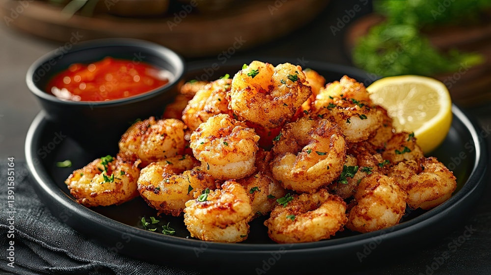 Golden crispy fried shrimp platter served with dipping sauce, presented on a dark plate for a gourmet experience Golden crispy fried shrimp platter served with dipping sauce, presented on a dark plate for a gourmet experience