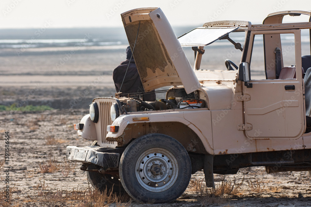 Broken Down Old Safari vehicle Waiting for Repair in Rann of Kutch, Gujarat