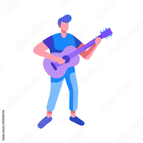  *Musician playing guitar, simple linear interface icon in pink and blue on white background with copy space* 
