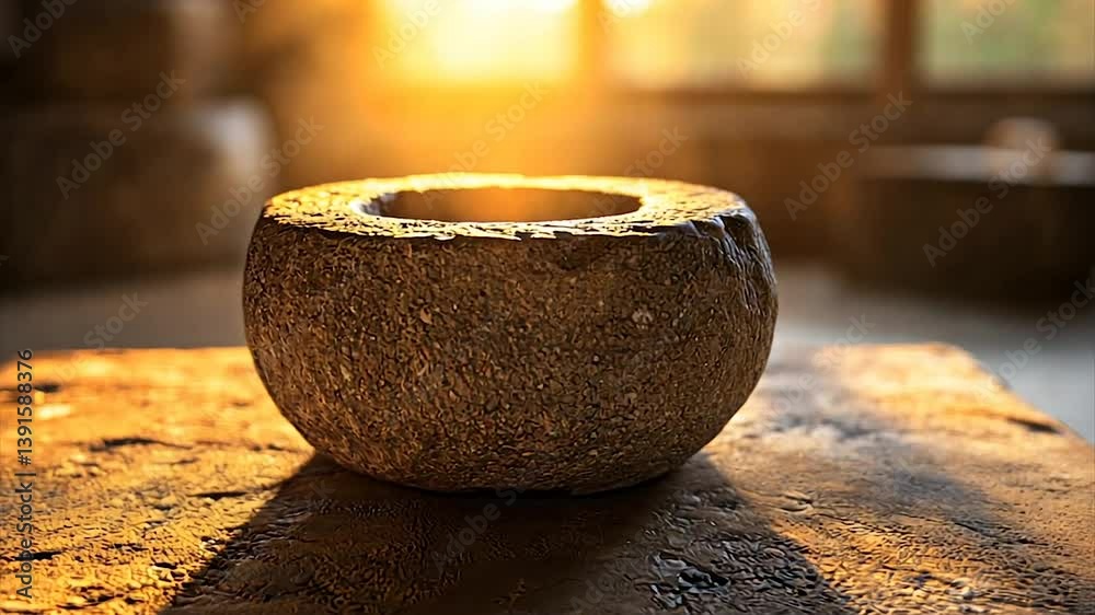 Sunlit ancient stone bowl on rough surface
