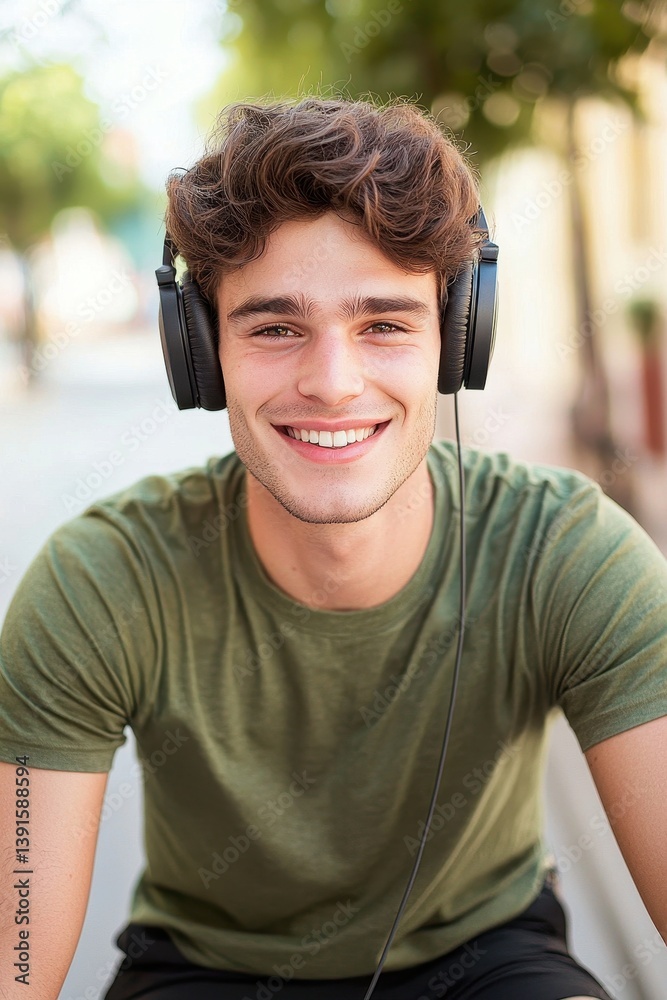 Fototapeta premium Young Man Enjoying Music Outdoors with Headphones on a Sunny Day