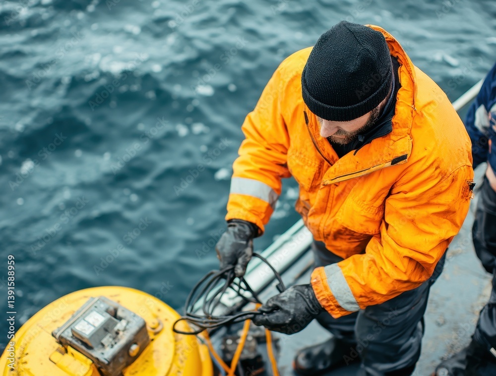 Worker in Bright Jacket Handling Equipment on Boat Near Water Worker in Bright Jacket Handling Equipment on Boat Near Water