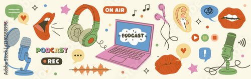 Podcast recording and listening, broadcasting, online radio, audio streaming service elements set isolated on background. Headphones, microphone, laptop, equalizer, speech bubbles. Vector illustration