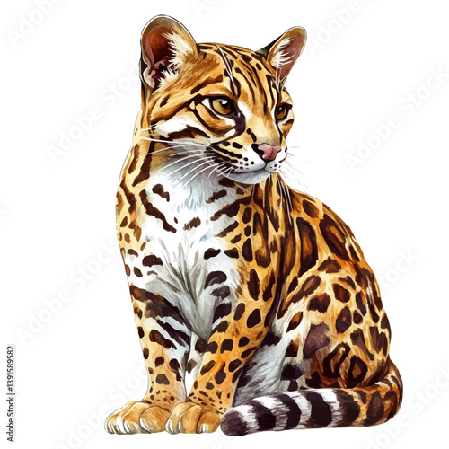 Ocelot, watercolor illustration, isolated on a white background.

