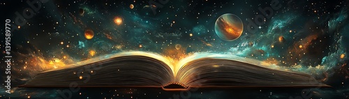 Open book with planets, stars, and galaxies, dark space background, glowing celestial symbols, ethereal lighting, cosmicinspired digital art photo