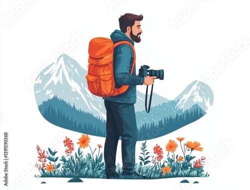 Adventurer with Camera in Scenic Mountain Landscape with Flowers