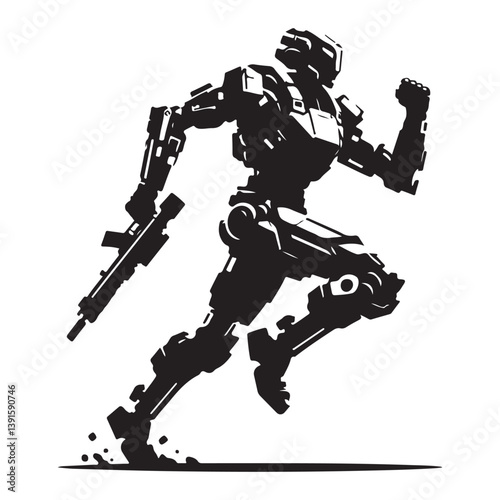 Futuristic robotic soldier illustration running fast with gun vector design