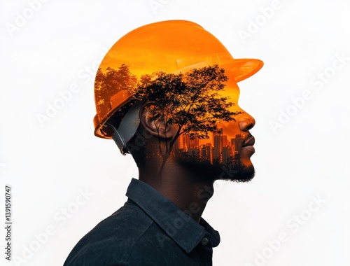 Double Exposure Portrait of Worker with City and Nature Elements