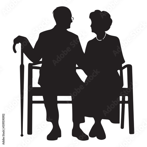 Elderly couple silhouette sitting on bench enjoying life vector design