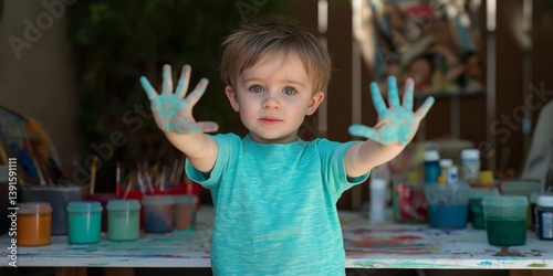 Cute toddler boy in turquoise shirt showing his blue-painted hands during fun outdoor painting activity, surrounded by colorful paint jars on a table in backyard