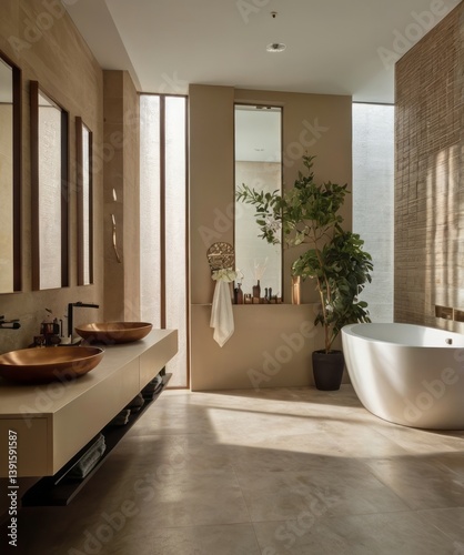 A modern bathroom interior displaying sinks a bathtub and plants