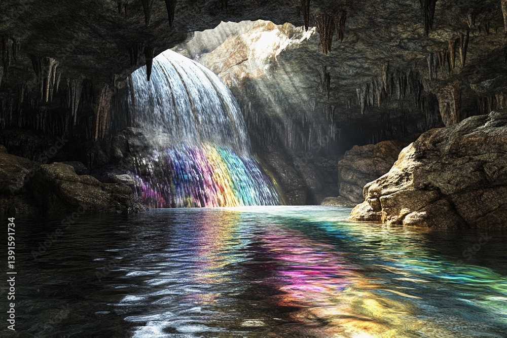Fototapeta premium Colorful waterfalls cascade in a serene cave with rainbow hues and tranquil waters